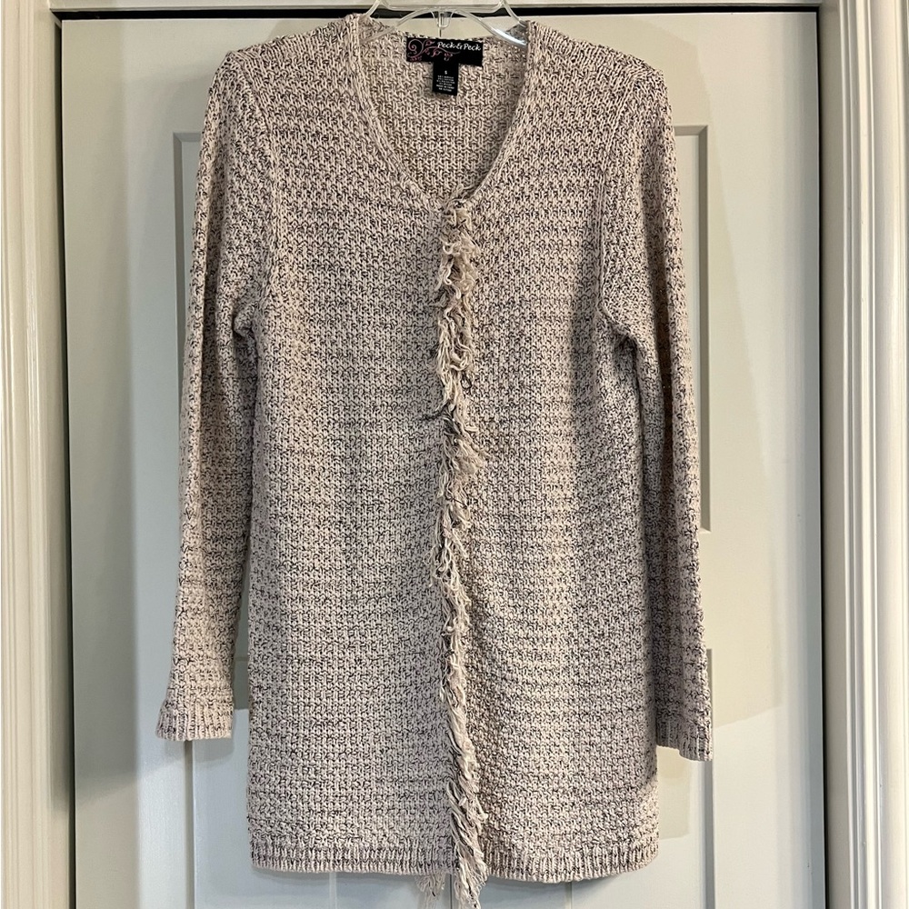Peck & Peck Women’s Sweater Cardigan Fringe Trim Neutral Long Sleeve Small Knit - Picture 3 of 8